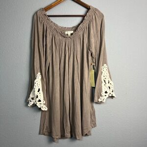 Paper + Tee Victorian Crochet Bell Sleeve Tunic Flowy Top Off Shoulder Casual 1X